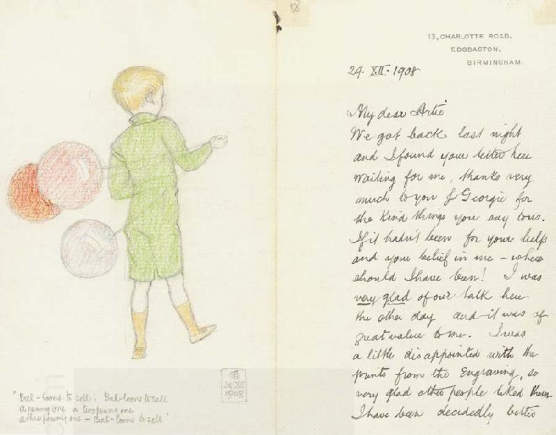 Joseph E.Southall Balloons to sell Illustrated letter to Arthur Gaskin